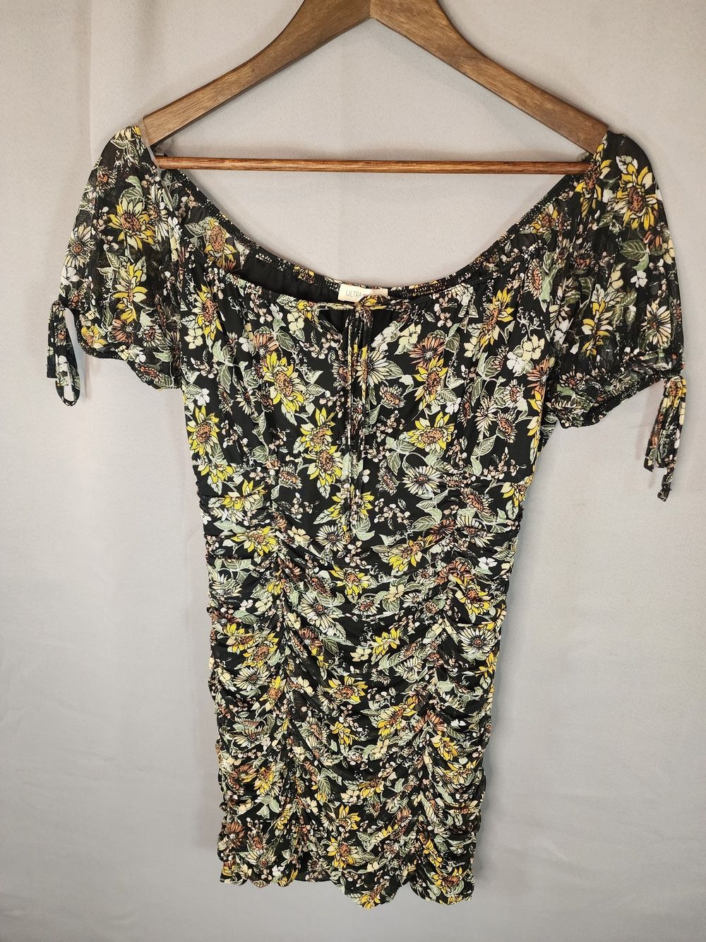 Ultra Flirt Black Floral Tie-Waist Dress with Yellow & Green Accents